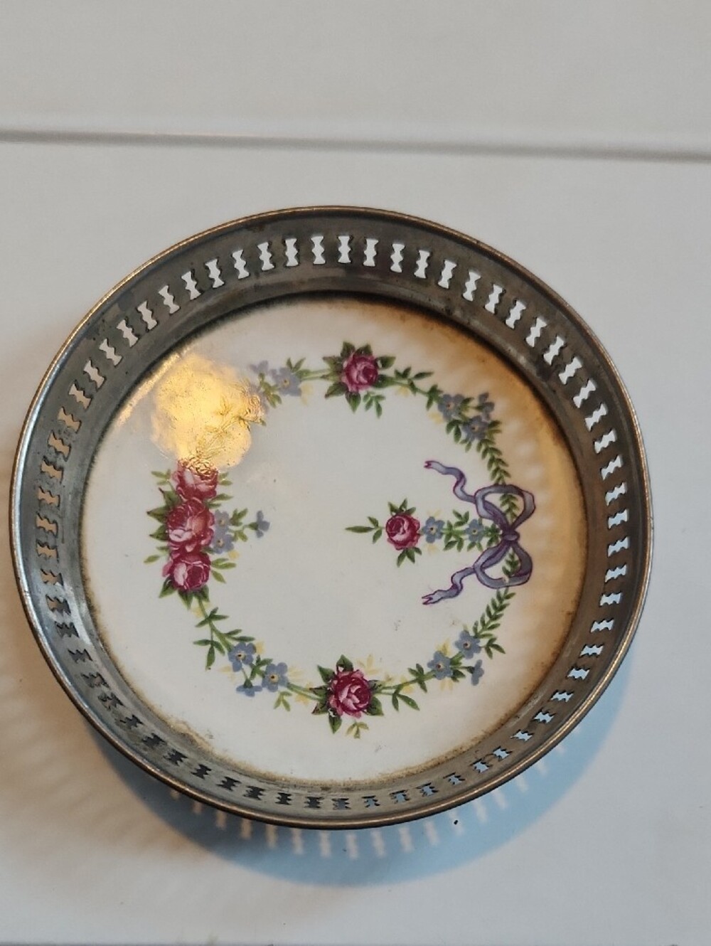 Vintage Small Ceramic Metal Dish Coaster Tray  3.5'